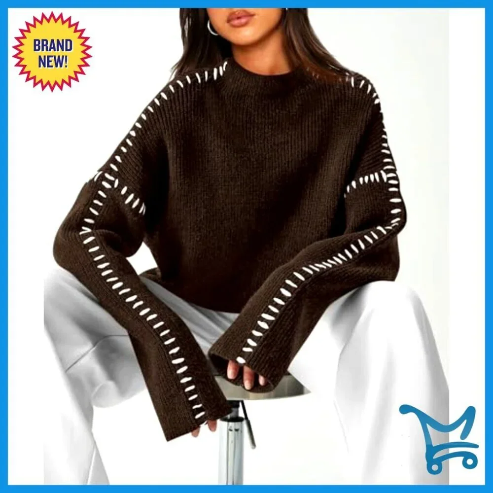 Chunky Knit Mock Neck Oversized Pullover Sweater Fall Winter Fashion Tops